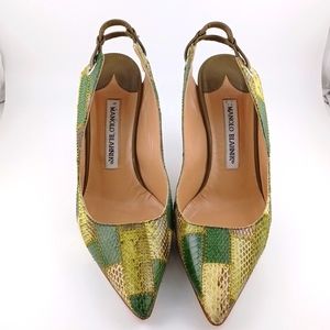 Manolo Blahnik pointed heels,green, snakeskin .37 1/2.